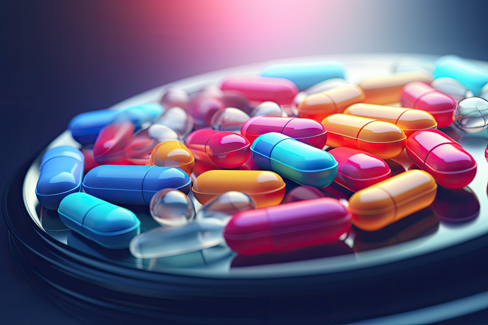Colourful glossy capsules on a glass dish