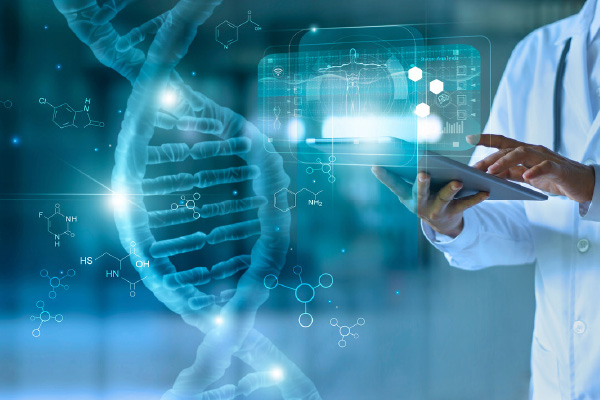 Doctor using a tablet beside a DNA helix and molecular formulas
