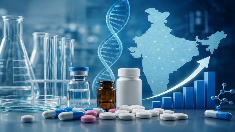 Lab glassware, DNA helix, glowing India map with a growth arrow and bar chart, pills
