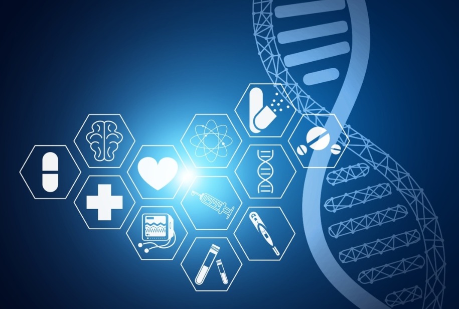 White medical hexagon icons beside a DNA helix on deep blue
